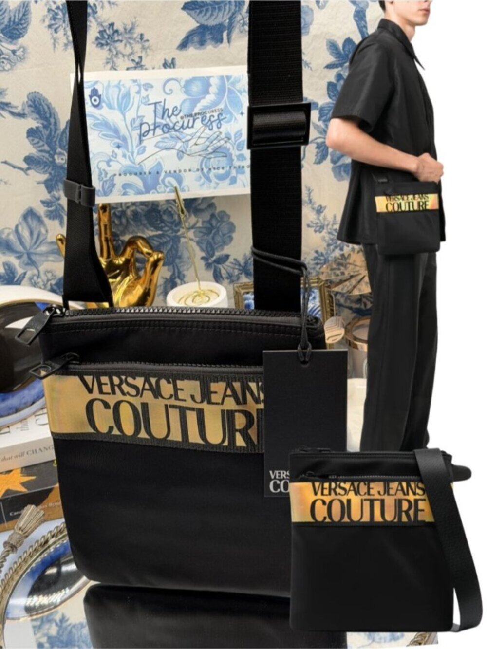 🆕 VERSACE JEANS COUTURE 🧿 NWT Logo Crossbody Bag, Black & Gold *SMALL FLAW*